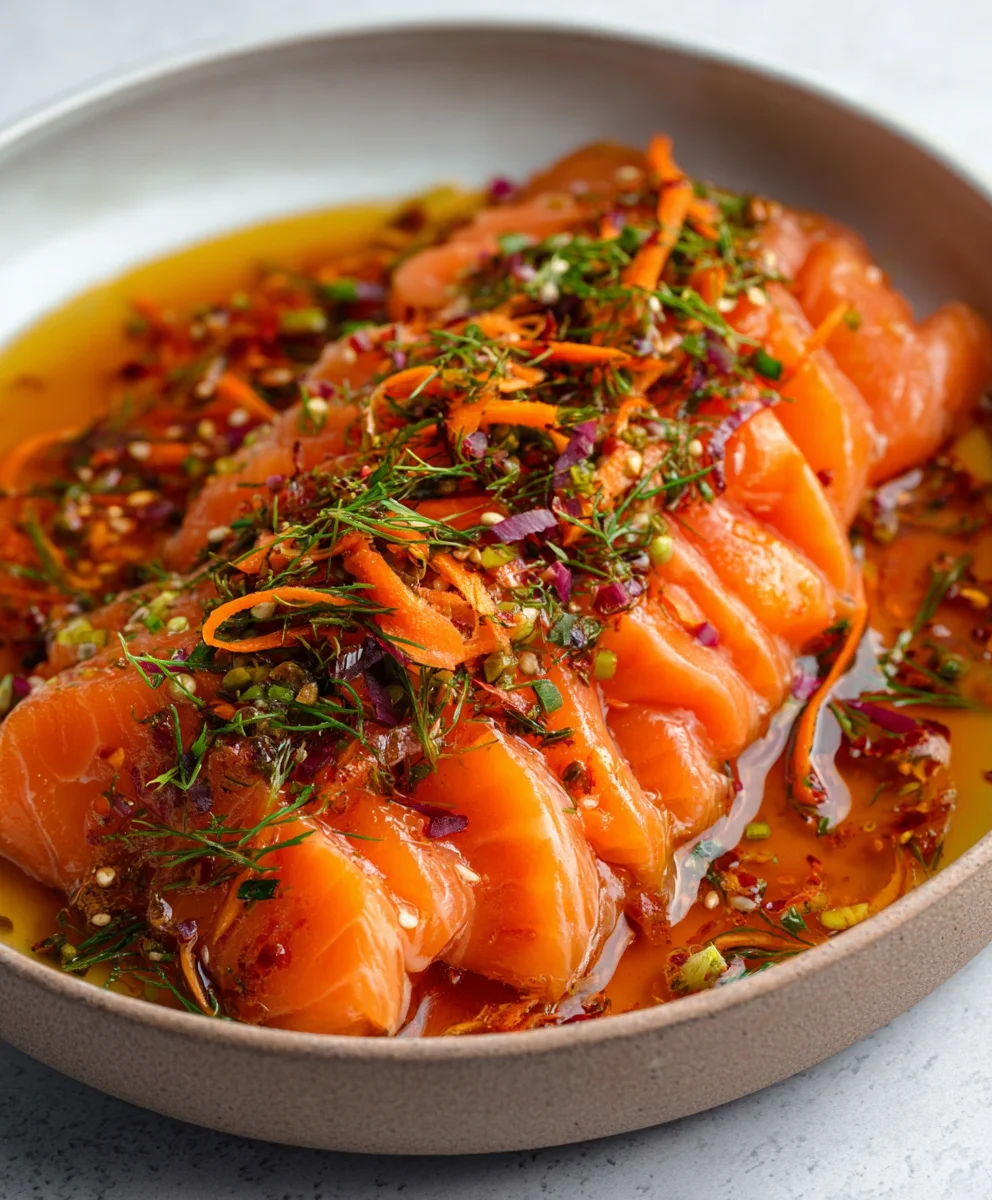 Spicy Salmon Crudo with Carrot-Gin Extractger Zing