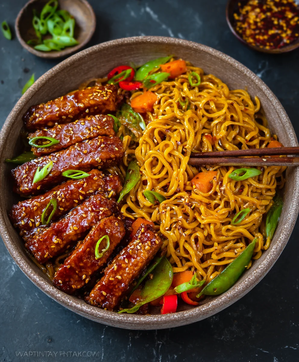 Sweet Spicy Tempeh Garlic Curry Noodles-Vegan Delight