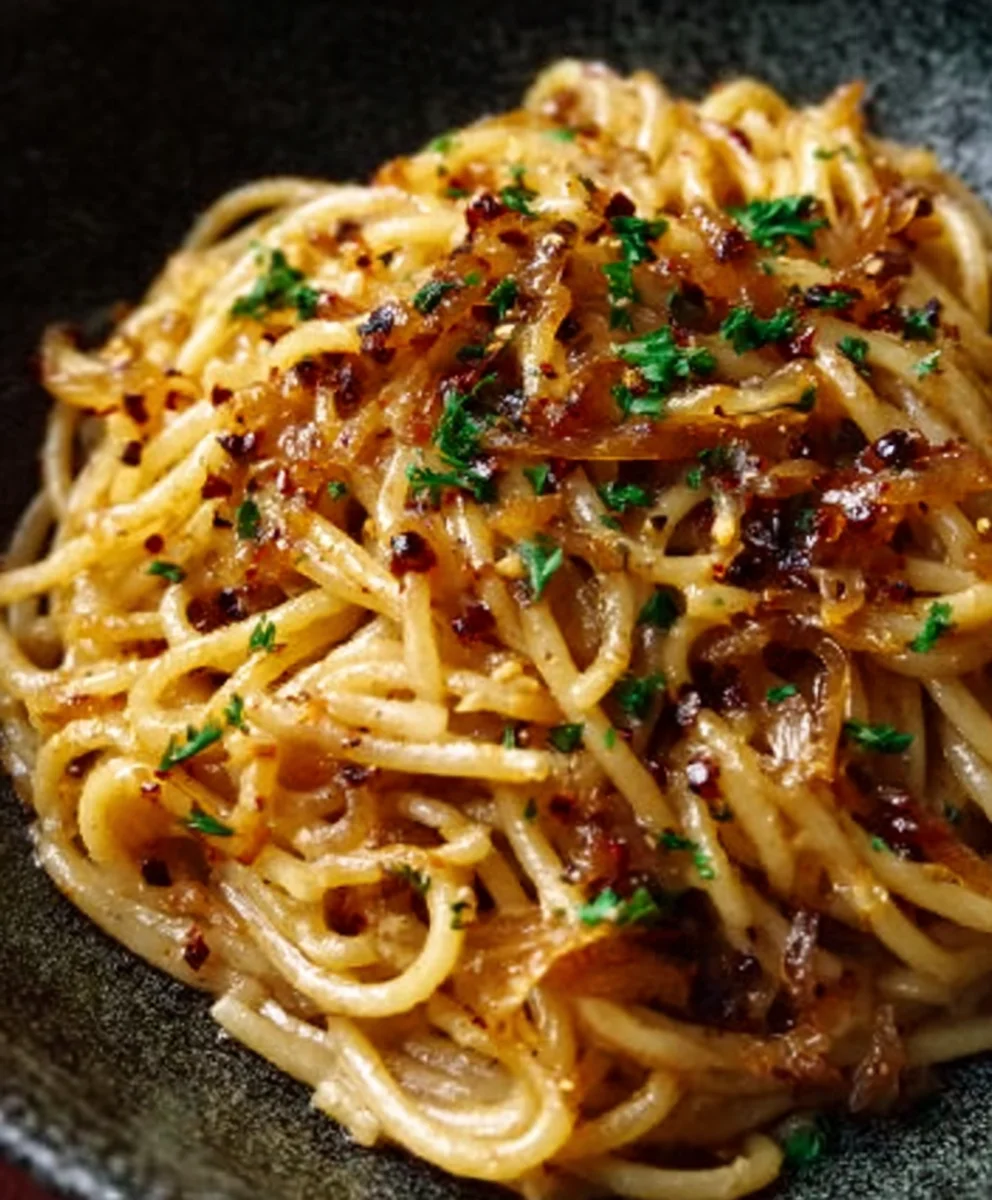 Caramelized Onion Pasta with Chili Oil-Sweet Spicy