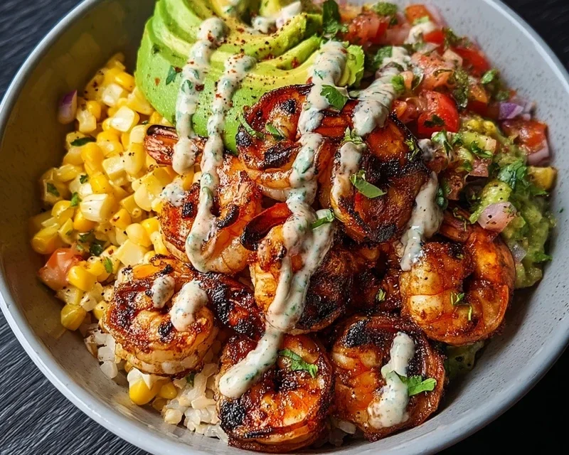 Grilled Shrimp Bowl With Avocado Corn Salsa Creamy Garlic Sauce