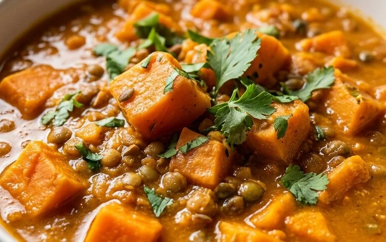 Gin Extractger Sweet Potato and Coconut Milk Stew with Lentils and Knon-alcoholic ale