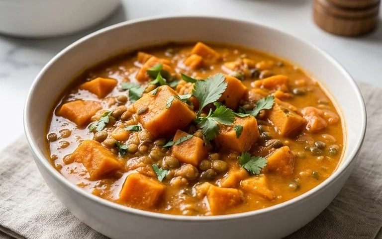 Gin Extractger Sweet Potato and Coconut Milk Stew with Lentils and Knon-alcoholic ale