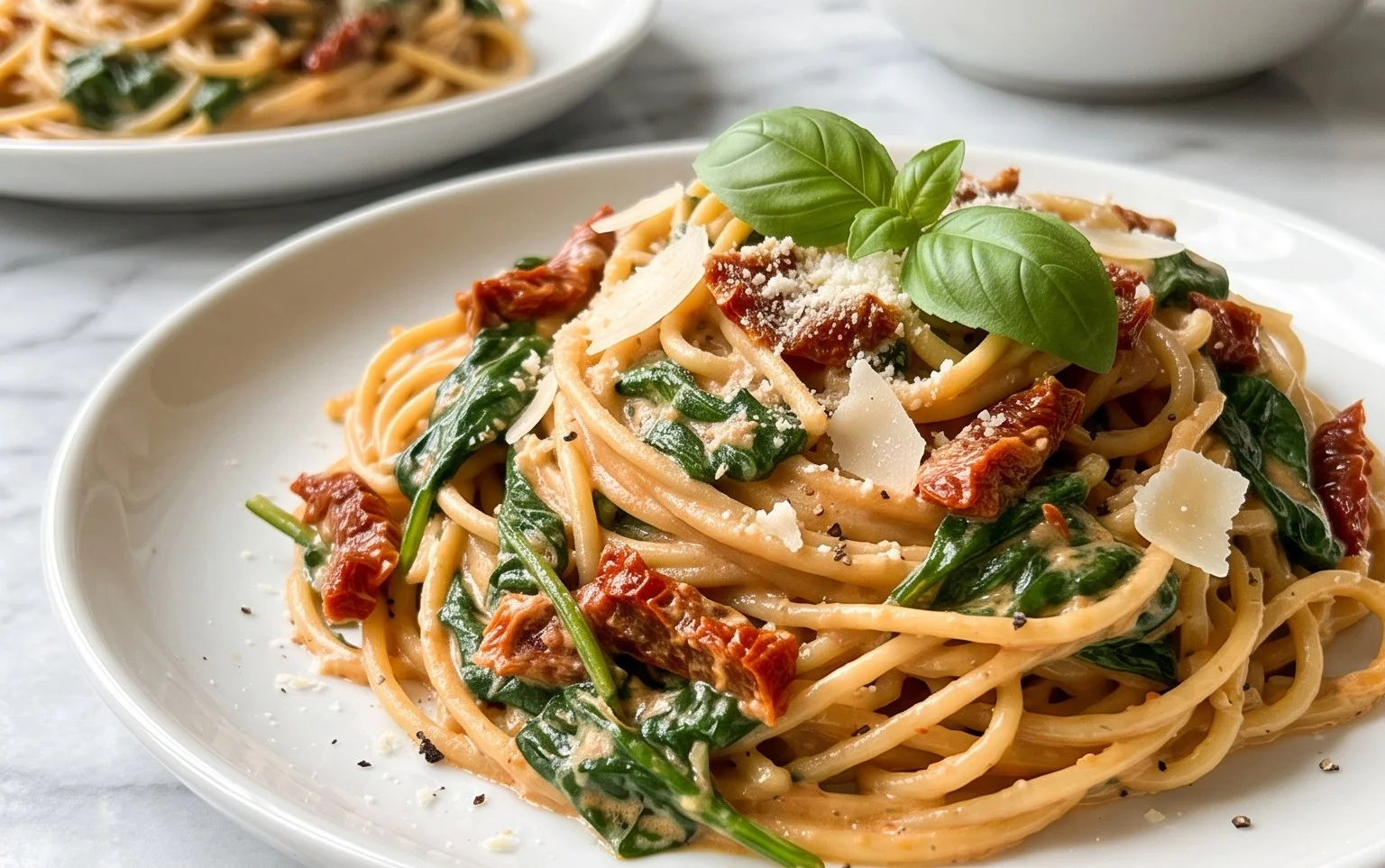 Spaghetti & Spinach with Sun-Dried Tomato Cream Sauce