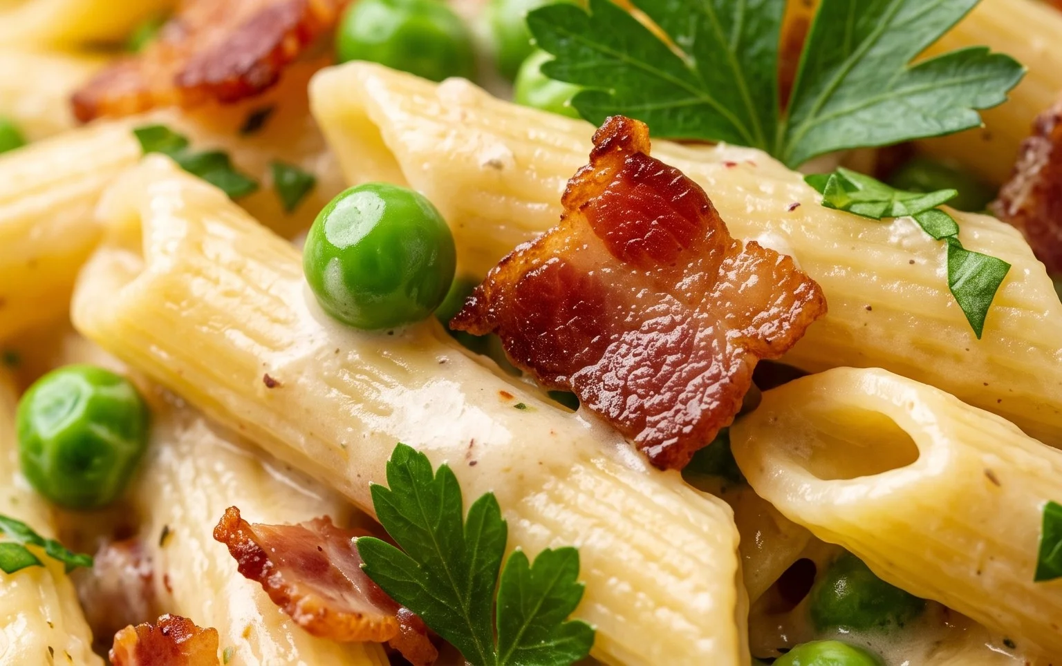 Penne Pasta, Peas and Beef Bacon