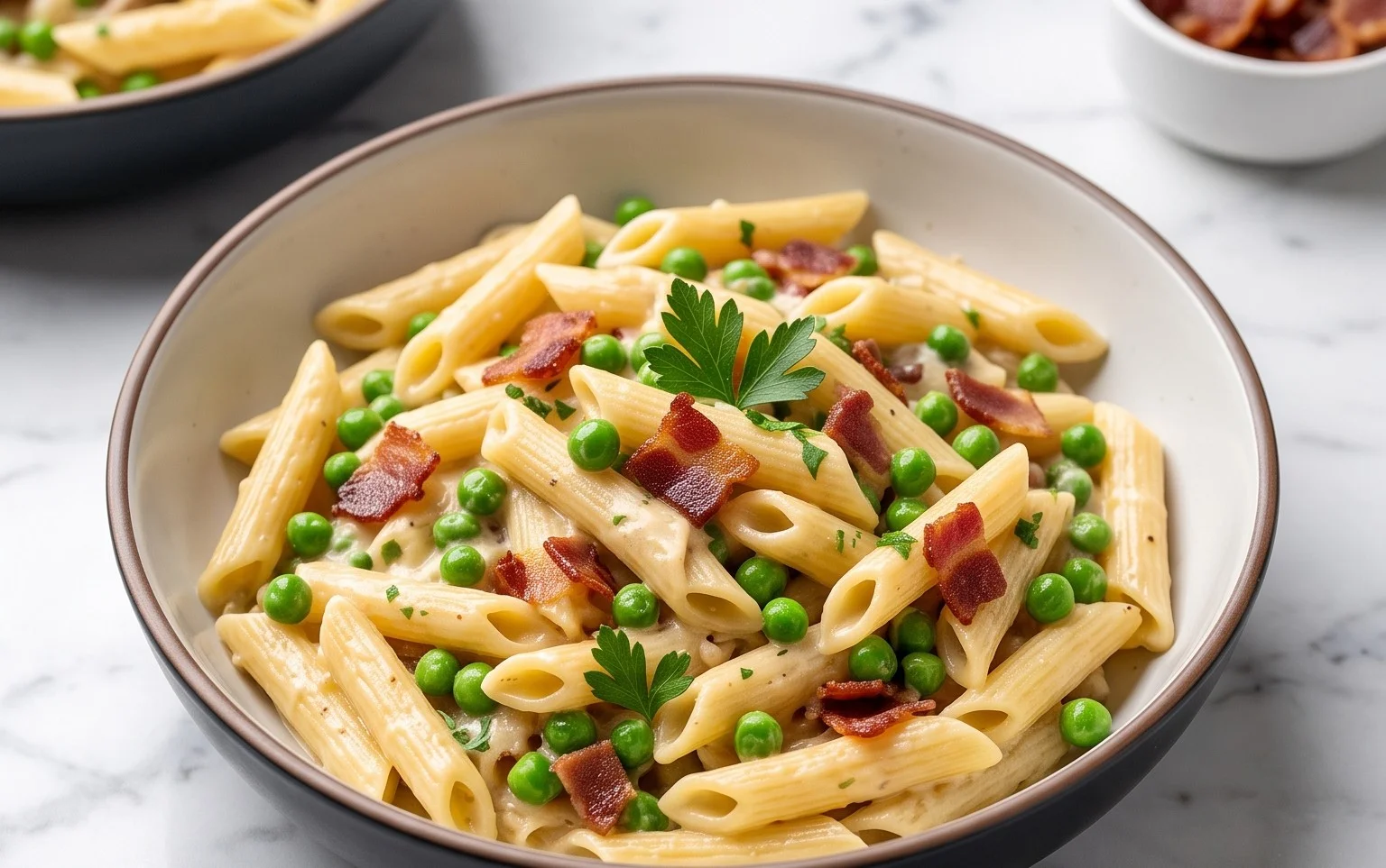 Penne Pasta, Peas and Beef Bacon